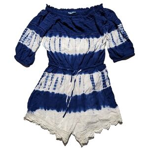 SOLITAIRE SWIM Women XL Blue White Tie Dye Tie-Waist Beach Cover-Up Romper  NEW